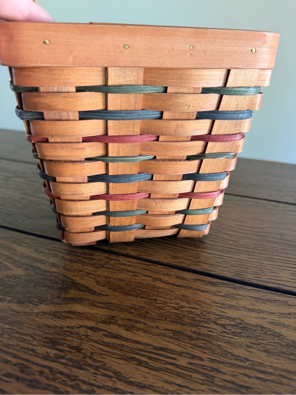Vintage Woven Wood Market Basket Hanging Handle Rustic Primitive Farmhouse Deco - Picture 5 of 11